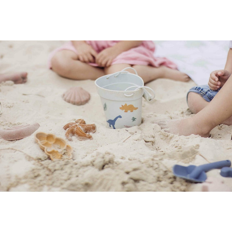 Sandy fun.  Dino and rainbow buckets